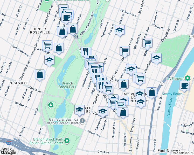 map of restaurants, bars, coffee shops, grocery stores, and more near 228 Ridge Street in Newark