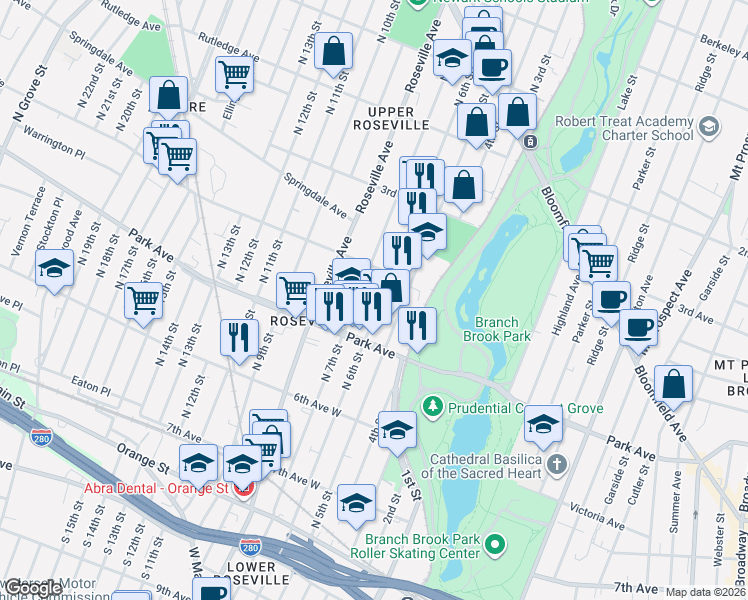 map of restaurants, bars, coffee shops, grocery stores, and more near 330 North 7th Street in Newark