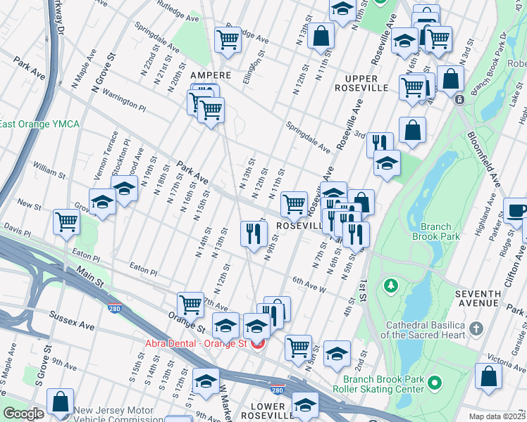 map of restaurants, bars, coffee shops, grocery stores, and more near 170 North 11th Street in Newark