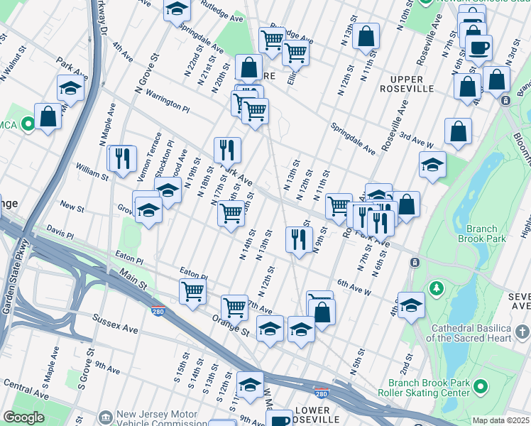 map of restaurants, bars, coffee shops, grocery stores, and more near 163 North 14th Street in East Orange