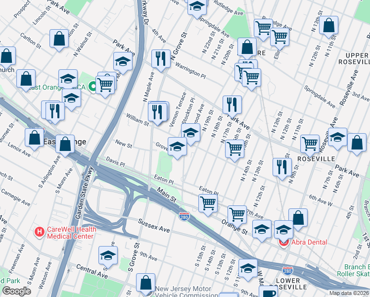 map of restaurants, bars, coffee shops, grocery stores, and more near 136 William Street in East Orange