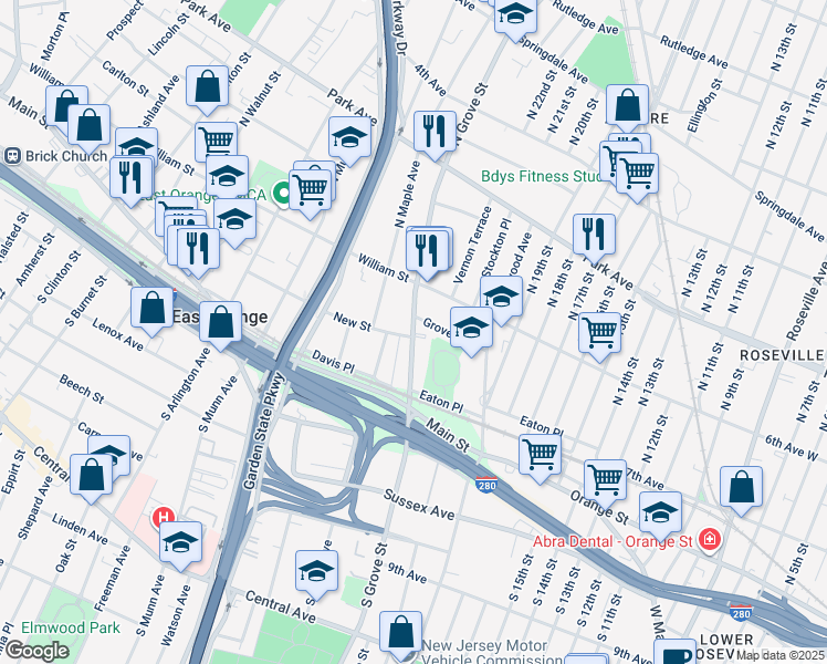 map of restaurants, bars, coffee shops, grocery stores, and more near 132 County Road 509 in East Orange