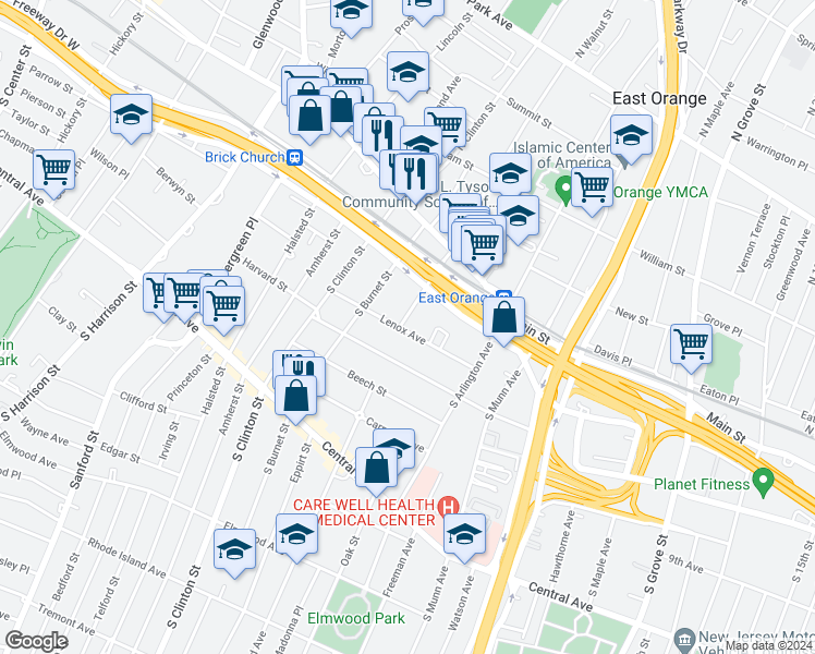 map of restaurants, bars, coffee shops, grocery stores, and more near 5 South Burnet Street in East Orange