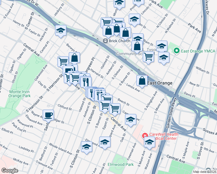 map of restaurants, bars, coffee shops, grocery stores, and more near 5 Harvard Street in East Orange