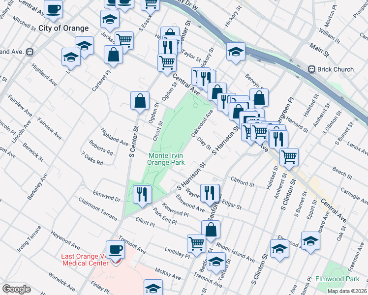 map of restaurants, bars, coffee shops, grocery stores, and more near 336 Oakwood Avenue in City of Orange