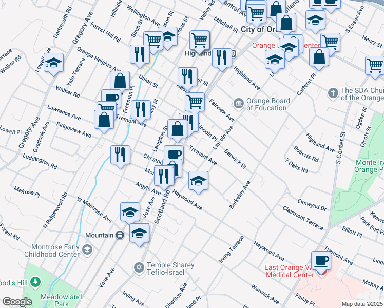 map of restaurants, bars, coffee shops, grocery stores, and more near 493 Tremont Avenue in City of Orange