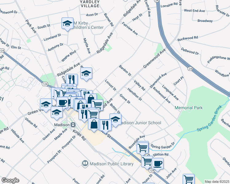 map of restaurants, bars, coffee shops, grocery stores, and more near 62 Greenwood Avenue in Madison