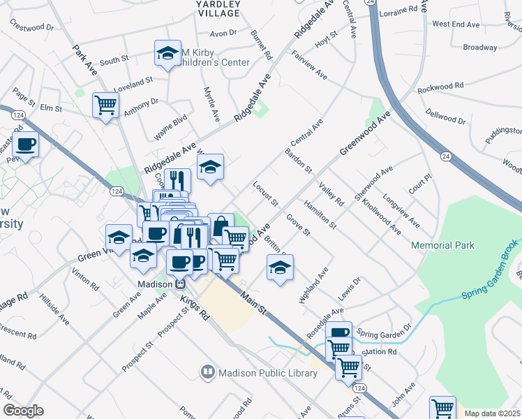 map of restaurants, bars, coffee shops, grocery stores, and more near 7 Locust Street in Madison