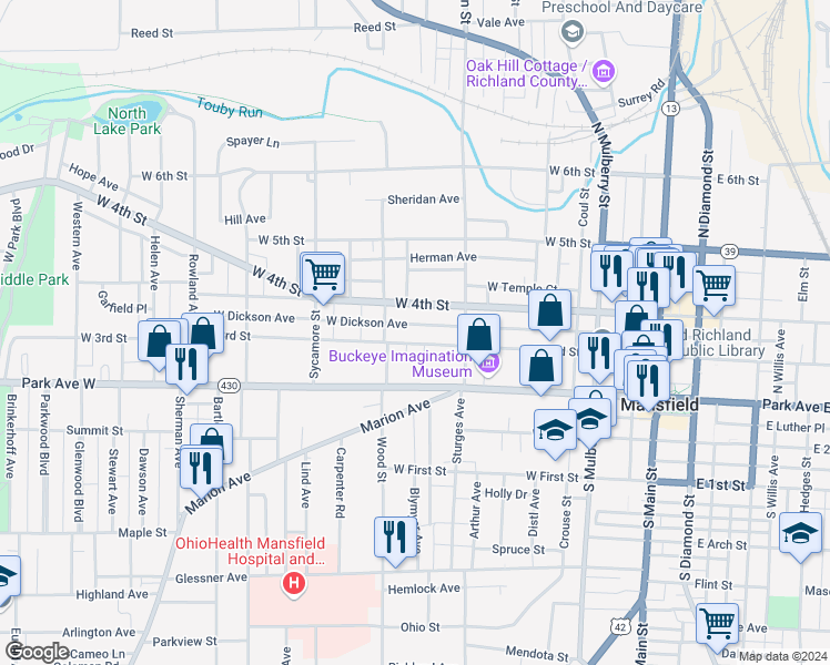 map of restaurants, bars, coffee shops, grocery stores, and more near 275 West 4th Street in Mansfield