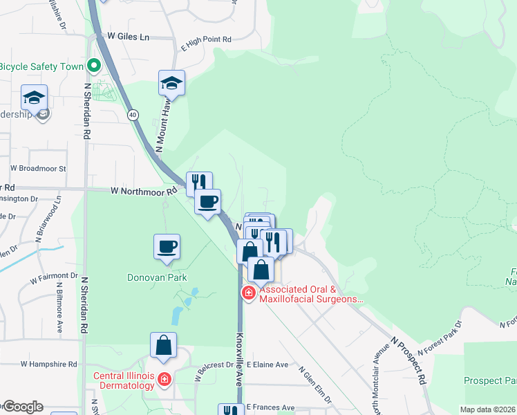 map of restaurants, bars, coffee shops, grocery stores, and more near 6045 N Wickwood Rd in Peoria