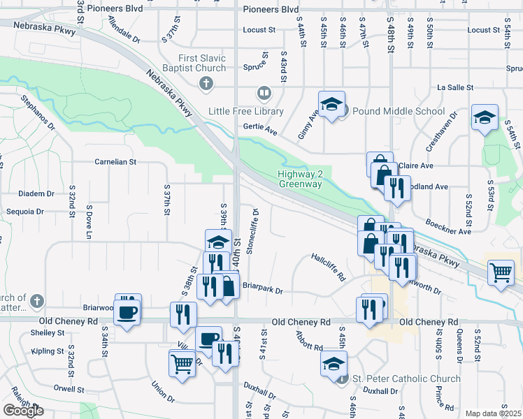 map of restaurants, bars, coffee shops, grocery stores, and more near 5324 Stonecliffe Drive in Lincoln