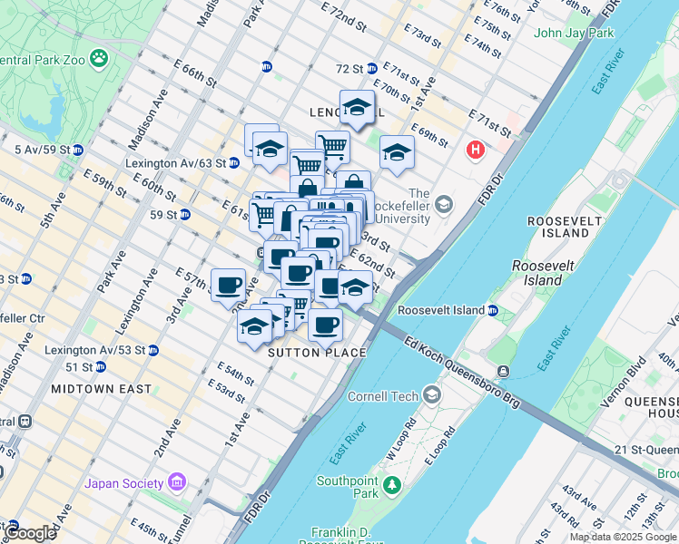 map of restaurants, bars, coffee shops, grocery stores, and more near 1122 1st Avenue in New York