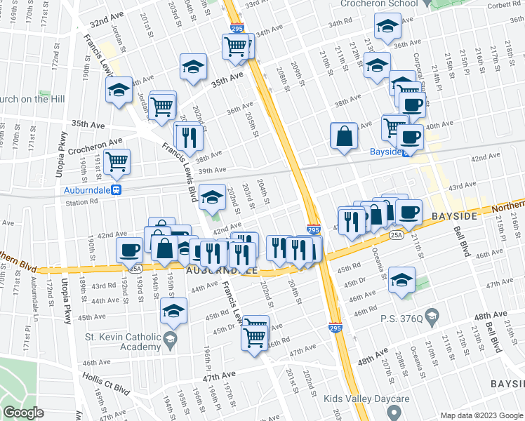 map of restaurants, bars, coffee shops, grocery stores, and more near 203-11 42nd Avenue in Queens