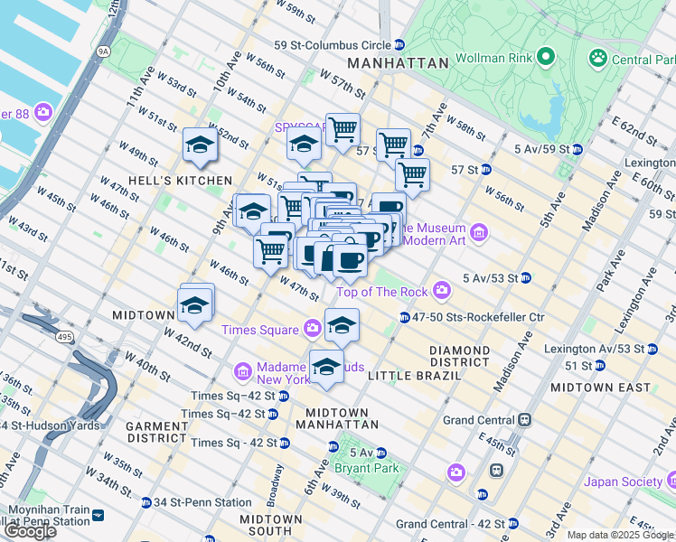 map of restaurants, bars, coffee shops, grocery stores, and more near in New York