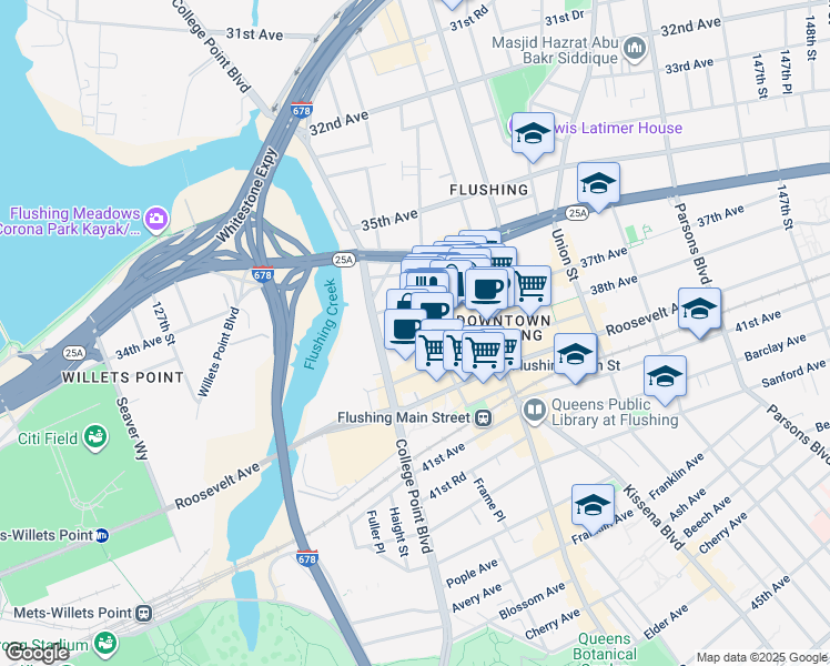 map of restaurants, bars, coffee shops, grocery stores, and more near 135-15 37th Avenue in Queens