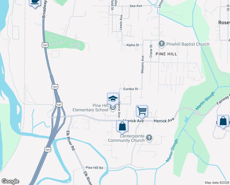 map of restaurants, bars, coffee shops, grocery stores, and more near 5064 Vance Street in Eureka