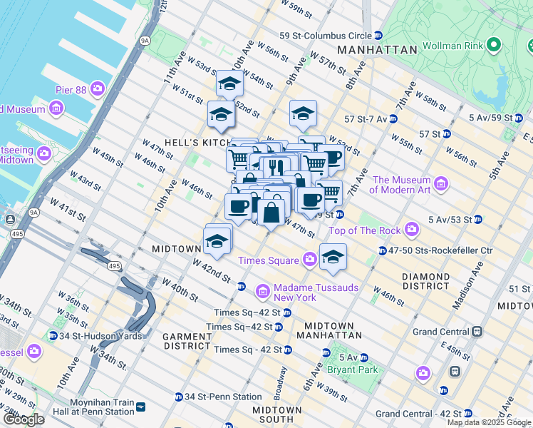 map of restaurants, bars, coffee shops, grocery stores, and more near 306 West 47th Street in New York