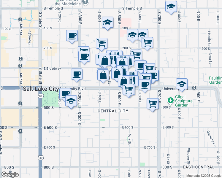 map of restaurants, bars, coffee shops, grocery stores, and more near 455 East 400 South in Salt Lake City