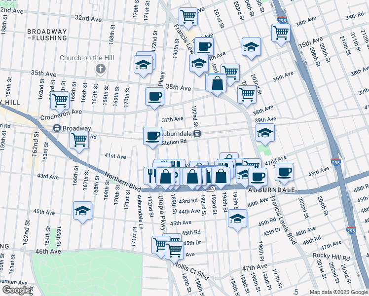 map of restaurants, bars, coffee shops, grocery stores, and more near 19067 Station Road in Queens
