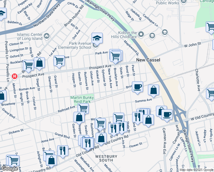 map of restaurants, bars, coffee shops, grocery stores, and more near 169 New York Avenue in Westbury