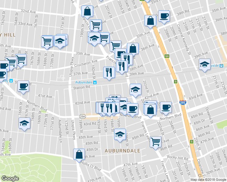 map of restaurants, bars, coffee shops, grocery stores, and more near 40-26 195th Street in Queens