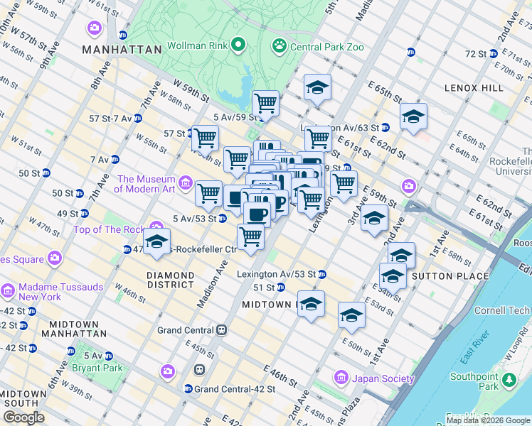 map of restaurants, bars, coffee shops, grocery stores, and more near 57 East 55th Street in New York