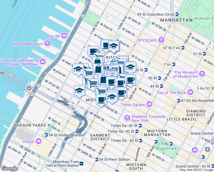 map of restaurants, bars, coffee shops, grocery stores, and more near 408 West 45th Street in New York