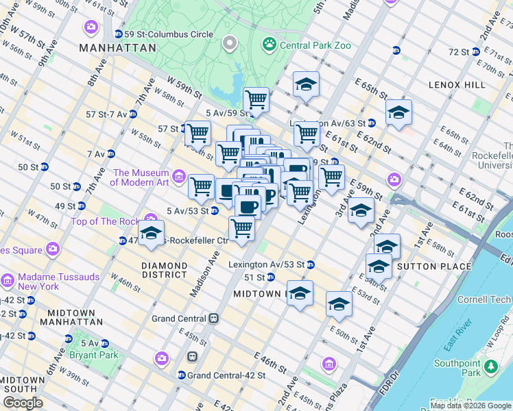 map of restaurants, bars, coffee shops, grocery stores, and more near 60 East 55th Street in New York