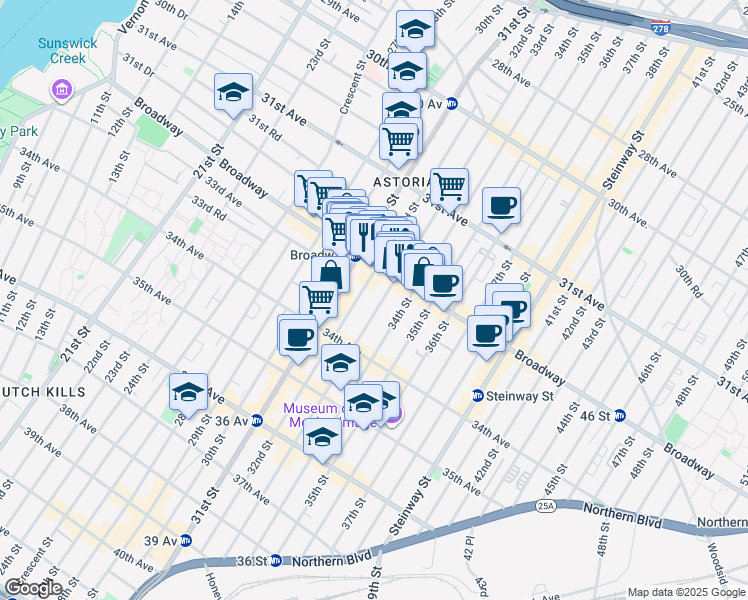 map of restaurants, bars, coffee shops, grocery stores, and more near 32-14 33rd Street in Queens