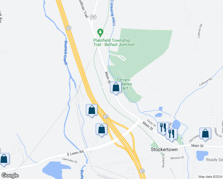 map of restaurants, bars, coffee shops, grocery stores, and more near 108 Ariel Court in Stockertown