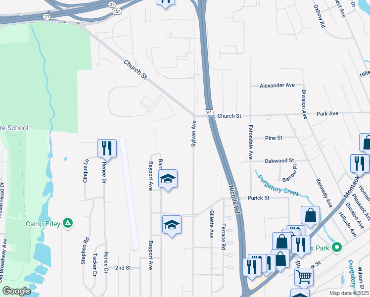 map of restaurants, bars, coffee shops, grocery stores, and more near 812 Sylvan Avenue in Bayport