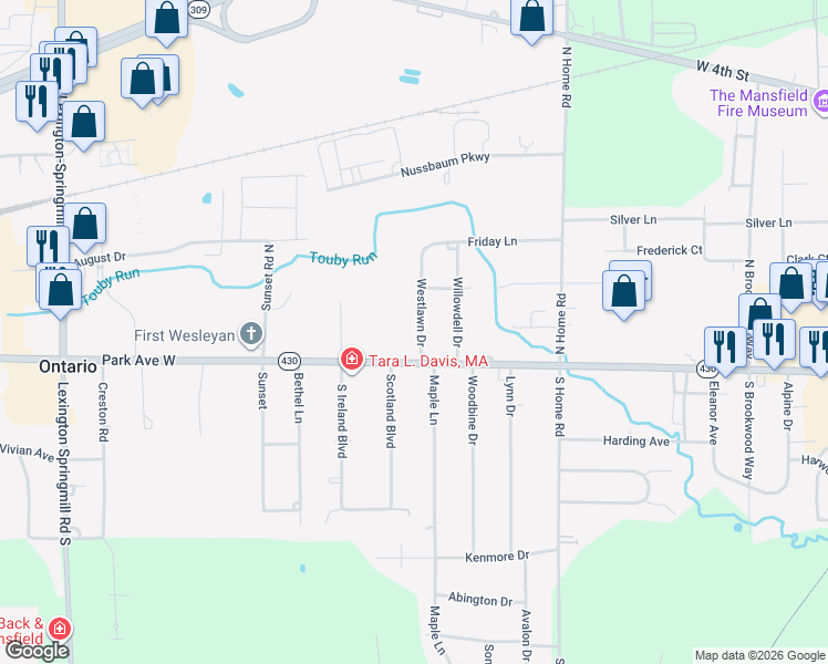 map of restaurants, bars, coffee shops, grocery stores, and more near 305 Westlawn Drive in Ontario