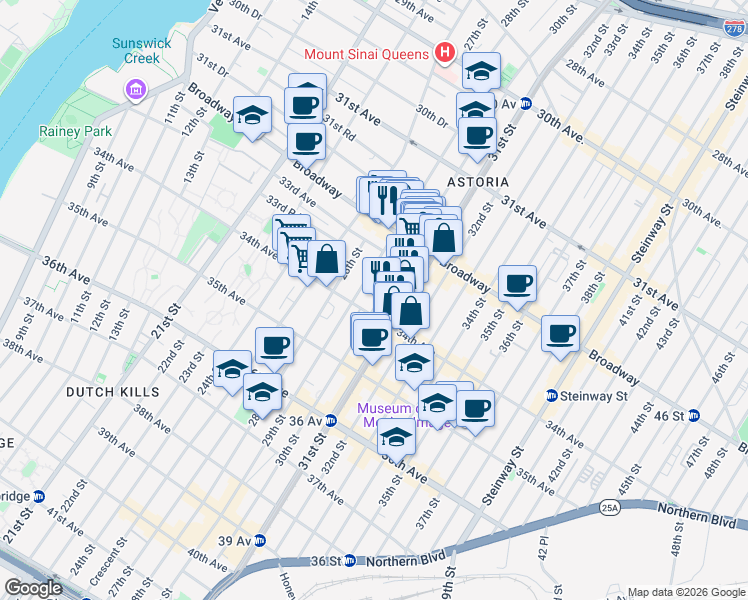 map of restaurants, bars, coffee shops, grocery stores, and more near 32-58 30th Street in Queens