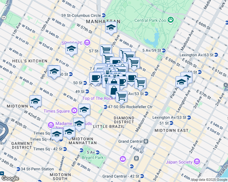 map of restaurants, bars, coffee shops, grocery stores, and more near Sixth Avenue & West 51st Street in New York