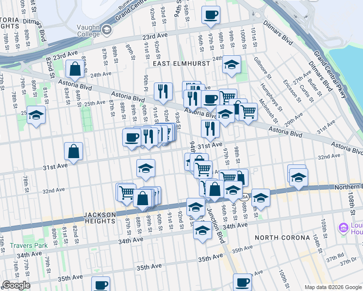map of restaurants, bars, coffee shops, grocery stores, and more near 30-19 92nd Street in Queens
