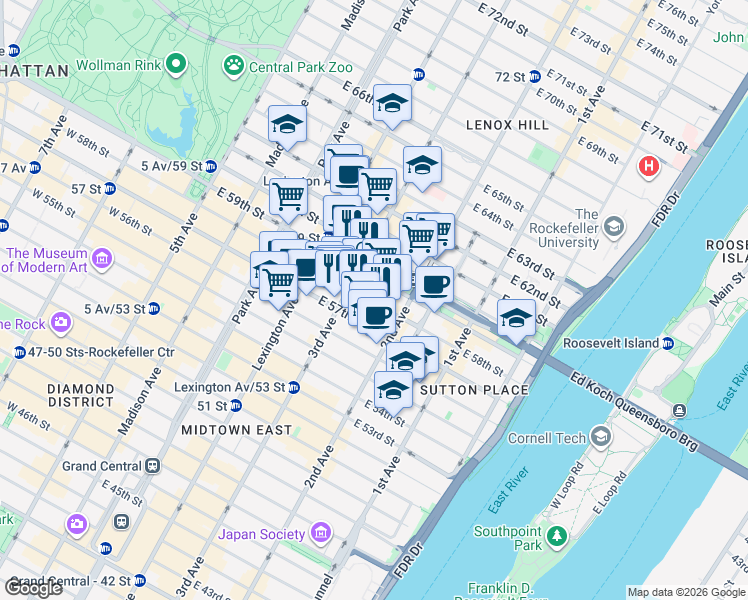 map of restaurants, bars, coffee shops, grocery stores, and more near 969 3rd Avenue in New York