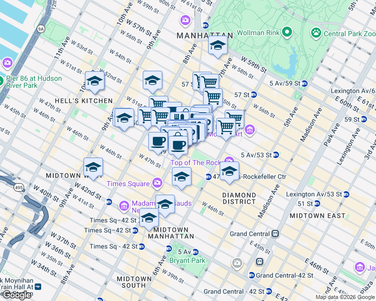 map of restaurants, bars, coffee shops, grocery stores, and more near 745 7th Avenue in New York