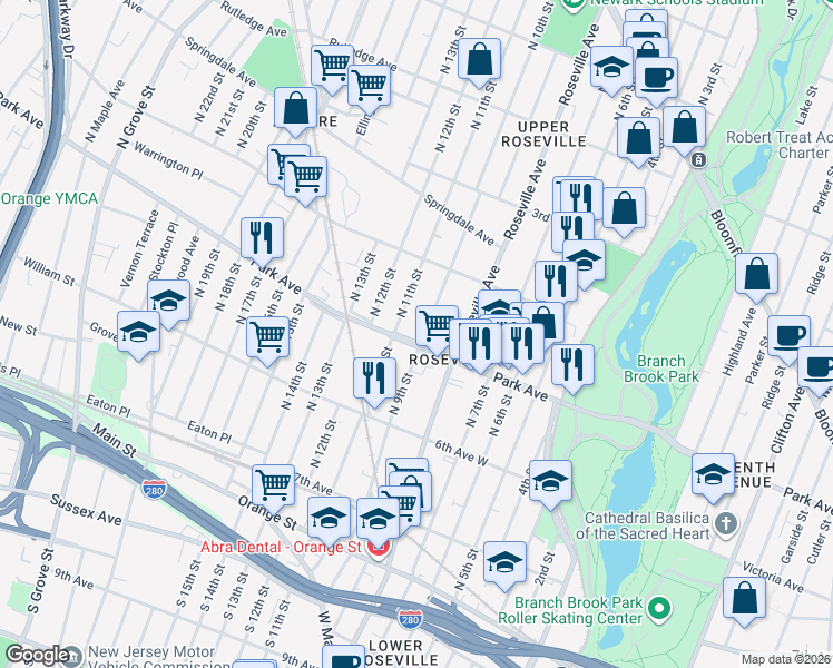 map of restaurants, bars, coffee shops, grocery stores, and more near 333 Park Avenue in Newark