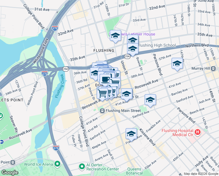 map of restaurants, bars, coffee shops, grocery stores, and more near 136-20 38th Avenue in Queens