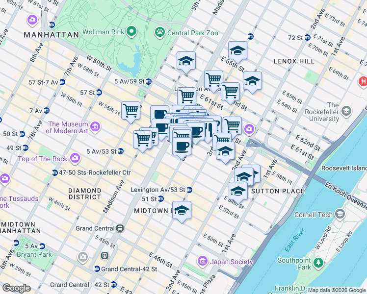 map of restaurants, bars, coffee shops, grocery stores, and more near 133 East 56th Street in New York