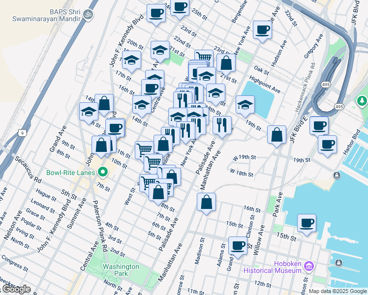 map of restaurants, bars, coffee shops, grocery stores, and more near 1415 New York Avenue in Union City