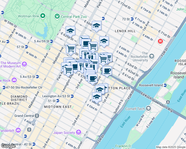 map of restaurants, bars, coffee shops, grocery stores, and more near 969 3rd Avenue in New York