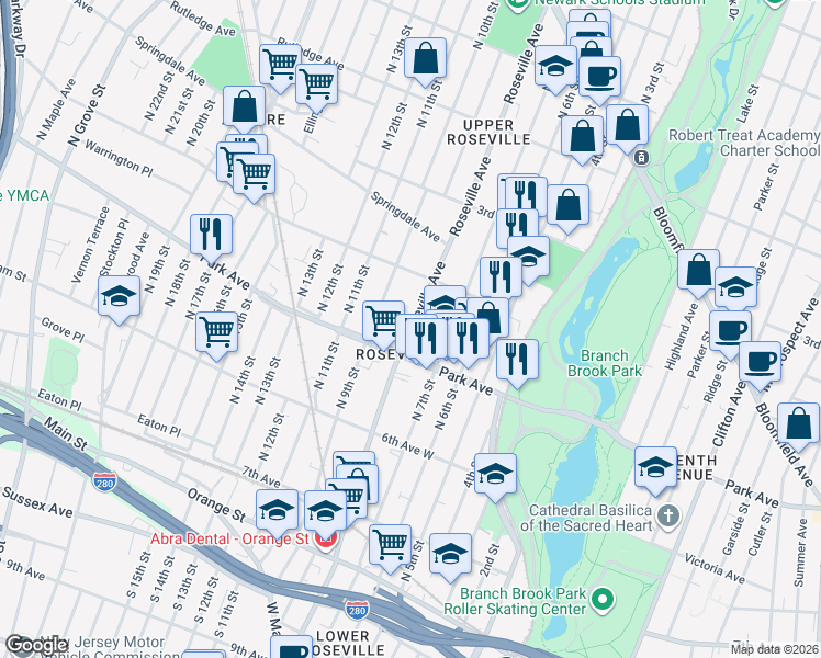 map of restaurants, bars, coffee shops, grocery stores, and more near Roseville Avenue in Newark