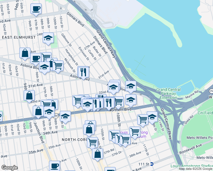 map of restaurants, bars, coffee shops, grocery stores, and more near 31-20 Couch Place in Queens