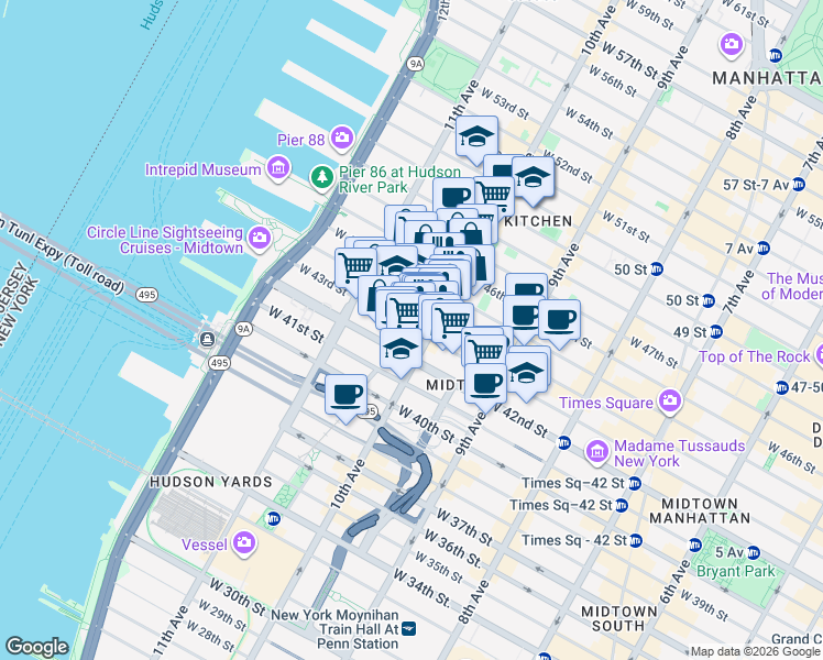 map of restaurants, bars, coffee shops, grocery stores, and more near 500 West 43rd Street in New York