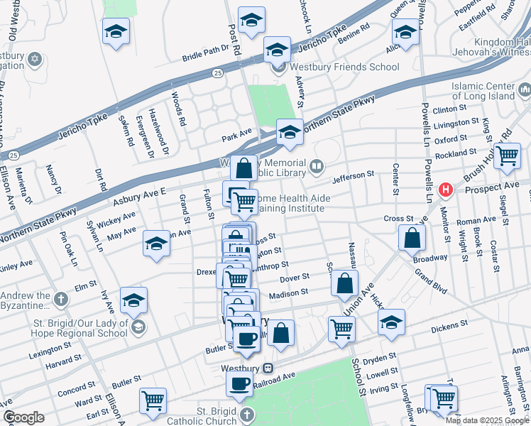 map of restaurants, bars, coffee shops, grocery stores, and more near 324 Post Avenue in Westbury