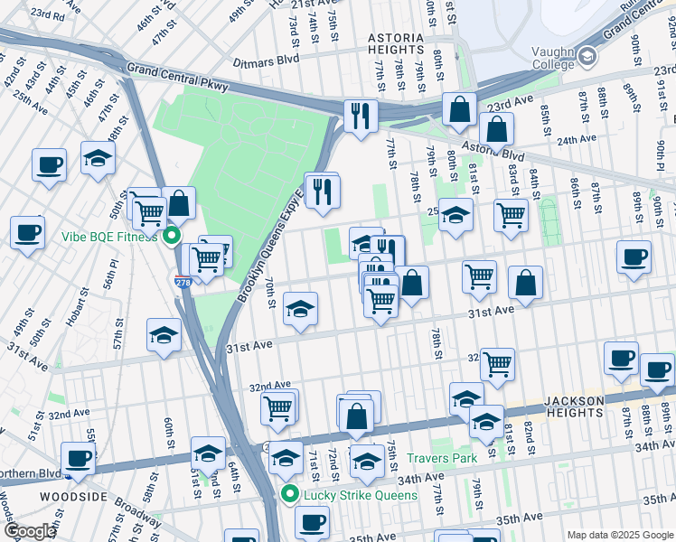 map of restaurants, bars, coffee shops, grocery stores, and more near 7309 30th Avenue in Queens