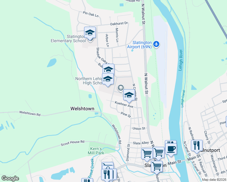 map of restaurants, bars, coffee shops, grocery stores, and more near 45 Bulldog Lane in Slatington