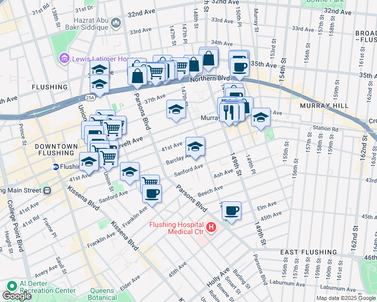 map of restaurants, bars, coffee shops, grocery stores, and more near 144-62 41st Avenue in Queens