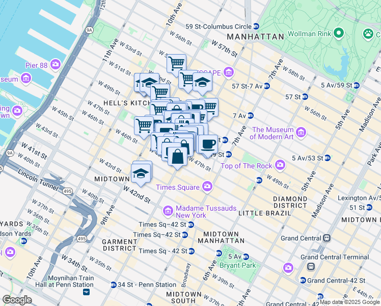 map of restaurants, bars, coffee shops, grocery stores, and more near 302 West 47th Street in New York
